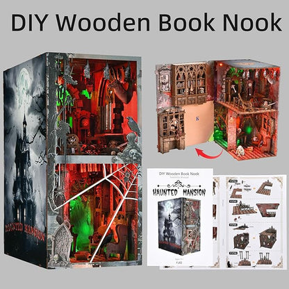 Haunted Horror Book Nook Kit, DIY Miniature Dollhouse Halloween Booknook Kit, Spooky Creepy Scary 3D Wooden Puzzle Bookend Bookshelf Insert Decor with LED Light (Haunted Mansion)