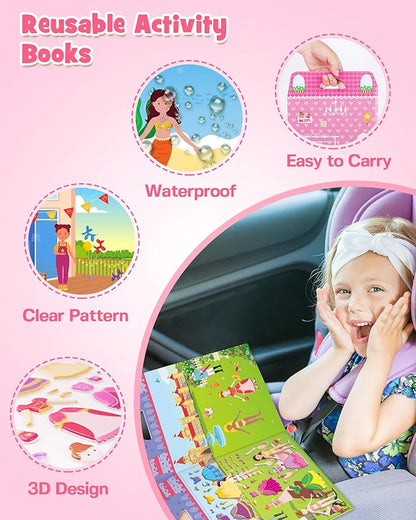 D-FantiX 3D Puffy Stickers for Toddlers 2-4 Years, Reusable Sticker Books for Girls Ages 4-8, Dress-Up, Princess, Mermaid, Pet, Car Road Trip Activities for Kids 3-5, Airplane Travel Essentials