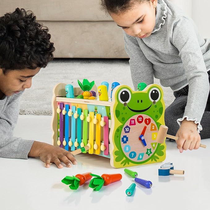 6-IN-1 Wooden Montessori Toys for 1 Year Old, Mole-Tapping Game | Play the Xylophone | Frog Clock | Carrot Harvest Game | Spinning Gear, Toddler Toys Aged 1-4, Baby Toy Gift for Early Learning