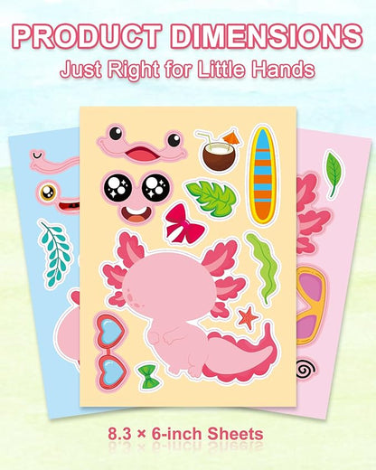 Aowplc 32 Sheets Axolotl Make-a-Face Stickers Mix 'n Match Crafts for Kids Axolotl Party Favors & Activities
