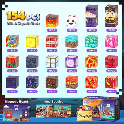 154PCS Magnetic Blocks Mine Magnet World Block Cubes Toy with Magnet Board for Kids Ages 4-8, Magnetic Tiles Kids Sensory Birthday Gifts Game Toys for Boys & Girls Ages 3+