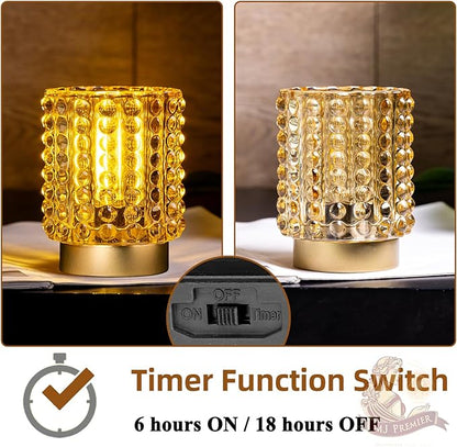 Battery Operated Lamp with Timer, Mini Crystal Table Lamps for Home Decor, Small Cordless Lamp for Areas No Outlets, Glass Battery Powered Lamps for Entryway, Bedroom, Bathroom, Shelf, Corner(Yellow)