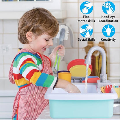 Small World Toys Play Sink with Running Water, Kids Play Kitchen Sink Toys for Kids Age 3+, Automatic Faucets with Realistic Dishes, Toddler Sink Pretend Play Set Gifts for Girls and Boys