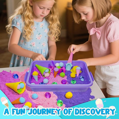 Bbiamsleep Ice Cream Sensory Bin, 61 Pcs Ice Cream Sensory Bin Fillers with Color Sand 11 Mould 9 Tools for Birthday Party
