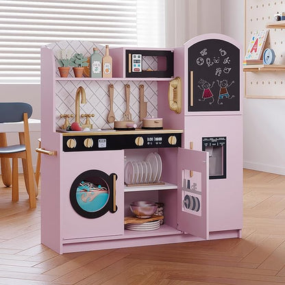 Treocho Play Kitchen for Kids, Wooden Toddler Kitchen Set with Storage, Modern Design Toy Kitchen with Faucet&Sink, Stove, Chalkboard, Icemaker and Various Accessories for Kids Ages 3+, Pink