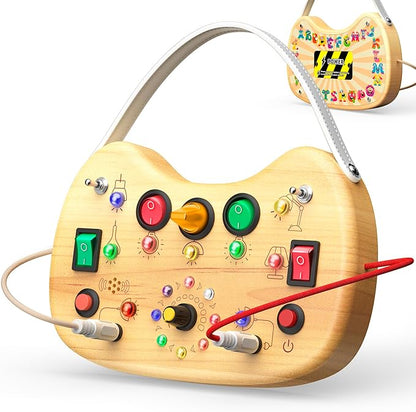 Montessori Wooden Busy Board for Toddlers with LED Light Lights & Switches,Portable Activity Board for Car & Airplane Travel Toys, Christmas & Birthday Gift for 1-3 Year Old Boys & Girls