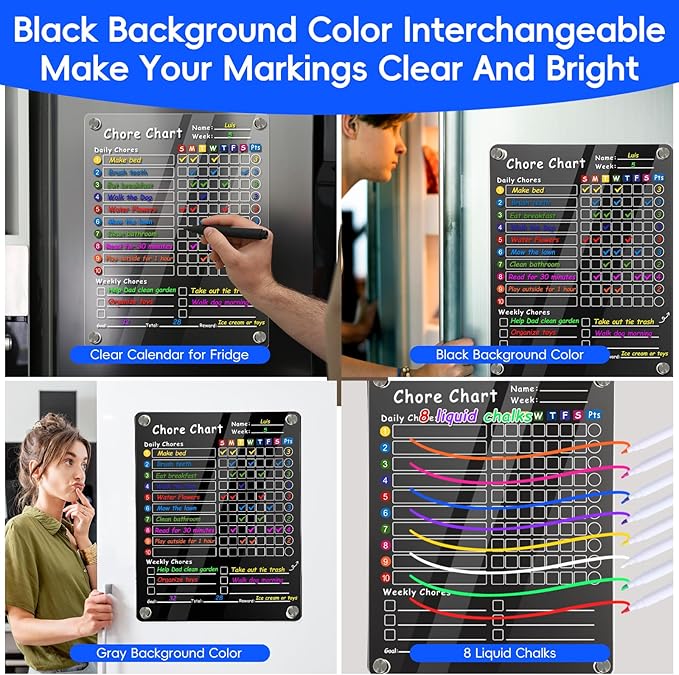 Acrylic Magnetic Chore Chart for Kids & Adults, 12"x9.5" Clear Dry Erase Reward Board - Behavior and Responsibility Refrigerator Chart for at Home Multiple Kids, Teens(w/ 8 Markers & Towel)
