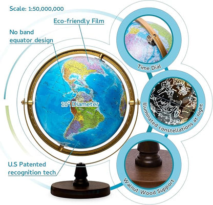 with Interactive APP & LED Illuminated Constellations at Night, US-Patented STEM education 10" World Globe with Detailed map