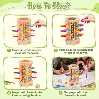 Montessori Game Wooden Board Game, 36 Colorful Wooden Sticks Dice Game, Math Educational Toy for 3 4 5 6 Year Olds, Fine Motor Skills Toy Classic Tower Game for Family Night Gift for Boys Girls
