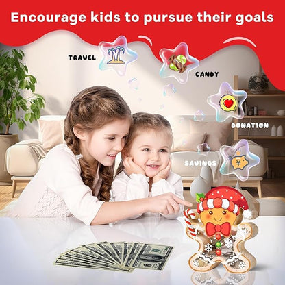 Wooden Christmas Piggy Bank for Kids, Gingerbread Man Money Bank for Boys Girls Toddler, Unbreakable Kids Money Box with Letter Sticker, Large Saving Coin Jar for Xmas Home Christmas Décor
