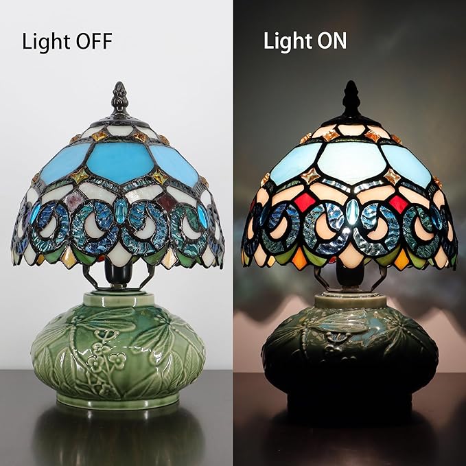 Small Tiffany Lamp Mushroom Table Lamp, Mini Stained Glass Desk Light Memory Sympathy Ceramic lamp 8X11 Inch (Sapphire Style)
