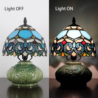 Small Tiffany Lamp Mushroom Table Lamp, Mini Stained Glass Desk Light Memory Sympathy Ceramic lamp 8X11 Inch (Sapphire Style)
