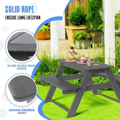Costaelm Kids Picnic Table, HDPE All Weather Outdoor Toddler Picnic Table and Chair Set Kids Bench for Patio, Backyard, Garden, Lawn, Gray