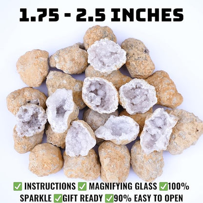 Break Your Own Geodes Kit for Kids – 20 Natural Crystal Geodes (1.5–2.5”) with Magnifying Glass & Learning Guide – Fun STEM Science Rock Kit for Kids Ages 6–12 – Gift-Ready Educational Set