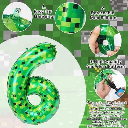 40in TNT Pixel Number 6 Balloon Birthday Decorations, Miner Theme Green Foil Balloons Blast Gaming Party Supplies