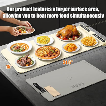Warming Mat for Food extra large, Silicone Heating Mat For Food, 15"x31.6" Foldable Food Warming Mats for Countertops, Parties, and Daily Use with Timer and 9 Temperature Levels