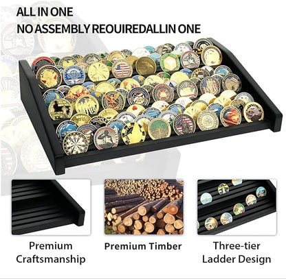 Challenge Coin Display Holder, 12 Rows Solid Wood Military Coin Stand Holds 80-100 Coins, Army Coin Display Rack for Desk (Black Finish)