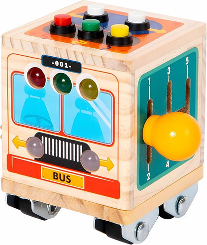 Wooden Activity Cube for Baby,Bus Busy Cube Montessori Travel Toys for Toddler 1 Year Old