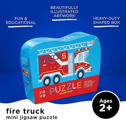 Crocodile Creek 12-Piece Mini Jigsaw Puzzle - Fun Floor Puzzles for Kids Ages 2-4 and Up - Heavy-Duty Shaped Box for Storage - Fire Truck - 12" x 9" Finished