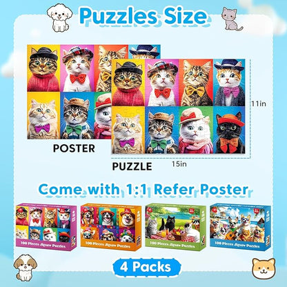 4 Packs 100 Piece Puzzles for Kids Ages 4-6 6-8 8-10, Lovely Cats Dogs Kids Puzzles Ages 5-8 100 Piece Large Jigsaw Puzzles for Adults Seniors Educational Toys Gifts for Girls Boys