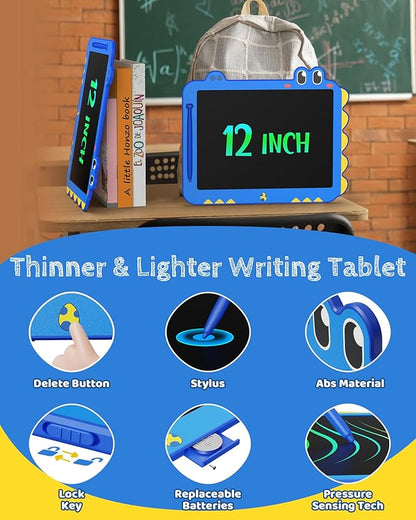 TEKFUN LCD Writing Tablet for Kids, 12 Inch Doodle Board Colorful Drawing Tablet, Reusable Electronic Pads Educational and Learning Toys Gifts for 3-13 Year Old Boy and Girl (Blue)