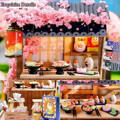 TuKIIE DIY Miniature Dollhouse Kit with Furniture, 1:24 Scale Creative Room Mini Wooden Doll House Plus Dust Proof for Kids Teens Adults(Sakura Noodles Shop)
