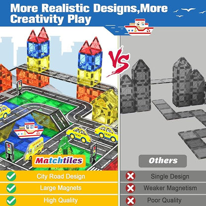 Magnetic Tiles Road Toys for 3+ Year Old Toddler, Magnetic Blocks Building Toys for Kids Ages 3-5 5-7 Girls Boys, STEM Montessori Sensory, Classroom Must Haves