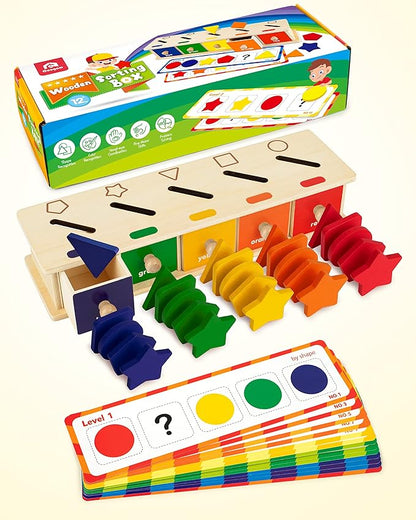 Coogam Montessori Toys Wooden Color Shape Sorting Box Game Geometric Matching Blocks Early Learning Educational Toy Gift for 3 4 5 Year-Old Baby Toddlers
