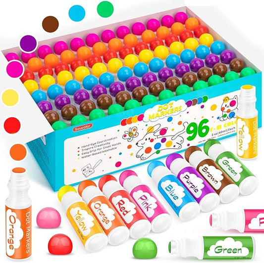 Soucolor 96-Pack Washable Dot Markers for Kids & Toddlers | 8 Vibrant Colors | Non-Toxic Bingo Daubers | Preschool Arts & Crafts, Classroom Supplies | Paint Dabbers for Endless Creative Fun