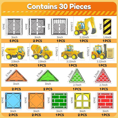 Oriate Magnetic Tiles Engineering Construction Vehicle Road Set,Kids Toys Games with Magnetic Blocks STEM Educational,City Sensory Magnet Tiles,Birthday Gifts for Kids ages 3+ Boys Girls Toys with Car