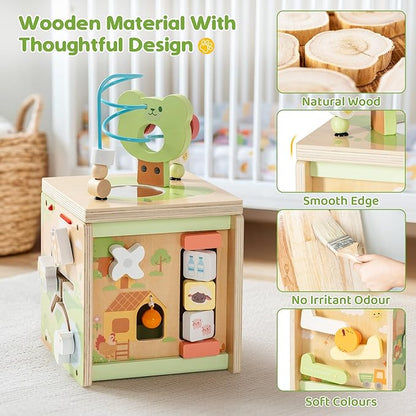 ROBOTIME Wooden Activity Cube with Bear Orchard Theme, 9-in-1 Montessori Toys for 12M+ Boys & Girls, Educational Learning Toys for Toddlers Age 1-3, 1st Birthday Gift