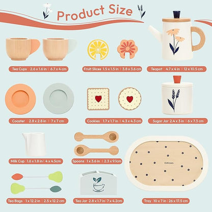 Wooden Tea Set for Toddlers,Wooden Tea Party Set for Kids Pretend Play Food Toy Set Kitchen Accessories Tea Time Party with Play Food for Girls and Boys 3 Years and up