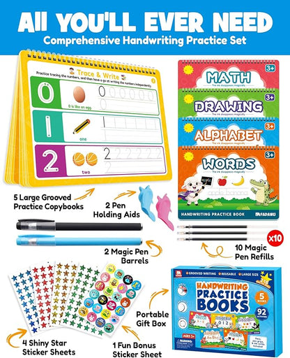 Magic Grooved Writing Practice Books for Kids, Large Grooved Handwriting Copybook, Reusable Learn to Write Number Letter Tracing Workbook for Kids Ages 3-8 Preschool Calligraphy 11"x8"