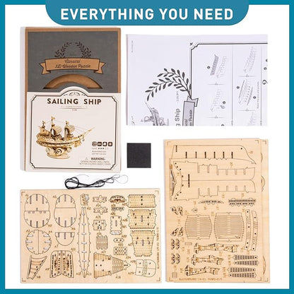 RoWood 3D Wooden Puzzle for Adults, Vintage Wooden Watercraft Model Sailboat Kit to Build, Best Gift Ideas Crafts Kit for Adults - Sailling Ship