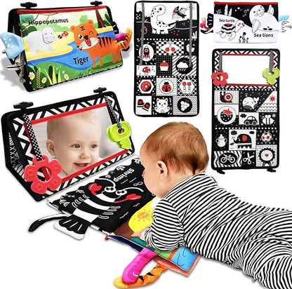 Tummy Time Mirror Newborn Toys: Black and White Infant Tummy Time Toys 0-3 0-6 6-12 Months Babies High Contrast Baby Toy with Baby Book & Teethers Montessori Sensory Floor Toy for Boy Girl Baby Gifts