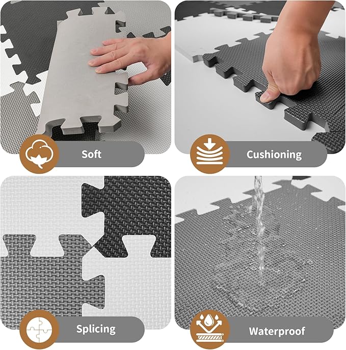 16 Tiles Baby Play Mat for Floor, EVA Foam Baby Floor Play Mat with 0.6 Inch Thick Interlocking Foam Tiles, Foam Floor Tiles for Baby, Toddlers and Kids (Gray-White- Black, 16PCS)