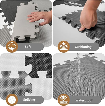 16 Tiles Baby Play Mat for Floor, EVA Foam Baby Floor Play Mat with 0.6 Inch Thick Interlocking Foam Tiles, Foam Floor Tiles for Baby, Toddlers and Kids (Gray-White- Black, 16PCS)