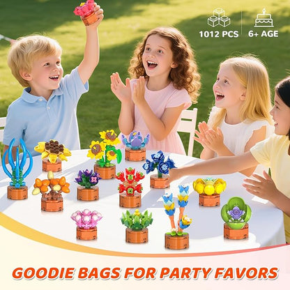 24 Pack Flowers Succulents Party Favors for Kids Building Set - 1012 PCS Botanical Bonsai 3.6MM Mini Building Blocks Toy for Classroom Prizes Easter Basket Stuffers Birthday Gift for Girl Boy Ages 6+