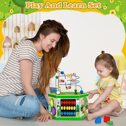 Wooden Activity Cube for 1 Year old, 12-18 Month Boys & Girls, 7-in-1 STEM Montessori Early Developmental Learning Toys for Kids Aged 1-2, Ideal 1st Birthday Gift Toys for Baby, Toddlers (Green)