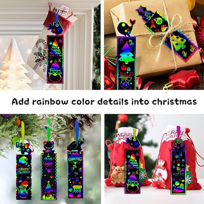 100 Sets Scratch Art Bookmark Making Kit for Kids, Scratch Paper DIY Animal Bookmarks Bulk with 100 Pcs Ribbons and 100 Pcs Wood Stylus for Classroom Activities Crafts Birthday Party Favors