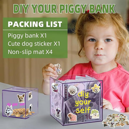Clear Piggy Bank for Adults/Kids, Acrylic Unopenable Money Box for Cash Coin Saving, Must Break to Open, Money Saving Jar for Adults Boys Girls, Size 7.48''