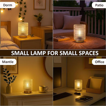Small Decorative Aesthetic Lamp with Timer for Shelf/Bedside/Coffee Table Decor,Battery Operated Cordless Table Lamps with LED Warm Bulb for Dorm/Office/ Patio/Entryway/Mantle/Table Decor(Clear)