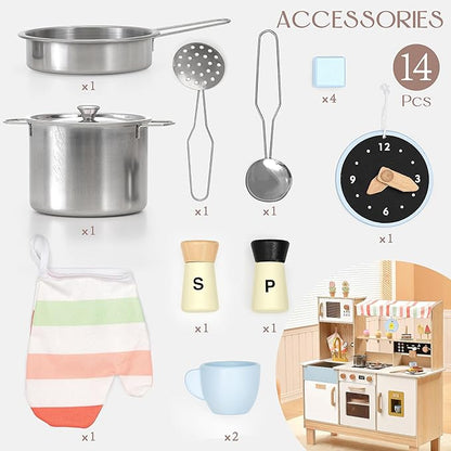 PairPear Wooden Play Kitchen for Kids, Pretend Play Toy Kitchen Set Coffee Maker, Ice Maker & Toy Food Accessories, Toddler Play Kitchen Gift for 3 Yeard and Up