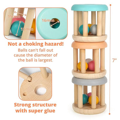 DUCKBOXX XX Montessori Infant Educational Toys, Natural Wood Rolling Rattle Toy, Early Learning Toy for Developing Fine Motor Skills and Color Recognition, for Ages 0m–2yrs (Burlywood Base - 3pcs)