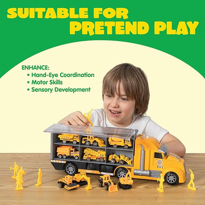 JOYIN 25 in 1 Kids Construction Truck Toy Set, 24Pcs Push and Go Cars and Worker Figures, Toddler Play Vehicles with Sounds and Light, Christmas Birthday Gifts Toys for 3 4 5 6 7 Years Old Grandkids