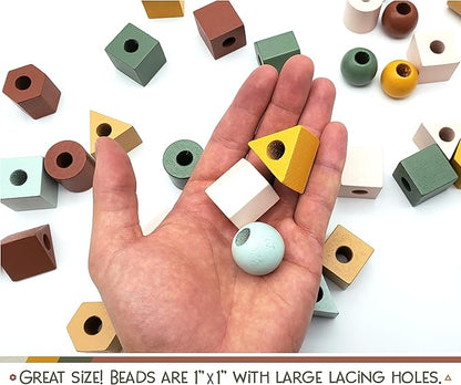 Wooden Lacing Beads & Strings 125 Pieces, Fine Motor Skills Toys for 3 Year Old, Boho Colors