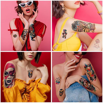 47 PCS Pop Art Hippie Temporary Tattoos Adult Kids 17 PCS Large Half Arm Fake Tattoos, 30 PCS Waterproof Tiny Stickers Gifts Party Favor Supplies