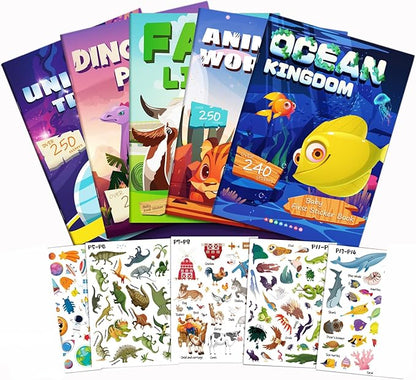Sticker Book for Kids, Set of 5, 1310+ Dinosaure Animal Stickers & 40 Scenes Reusable Activity Sheet, Seek and Find Coloring Pad, for Boys Girls Toddlers Ages 2-4 4-8 Years Old 3-5 6-7