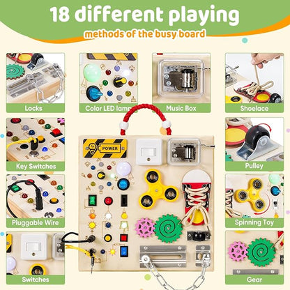Montessori Wooden Busy Board Toys for 1 2 3 Years Old Boys Girls,Toddler Sensory Educational Fidget Board Travel Toy with LED Light Up Switches & Music Boxes, Locks for 1 to 6 Year Kids Gifts