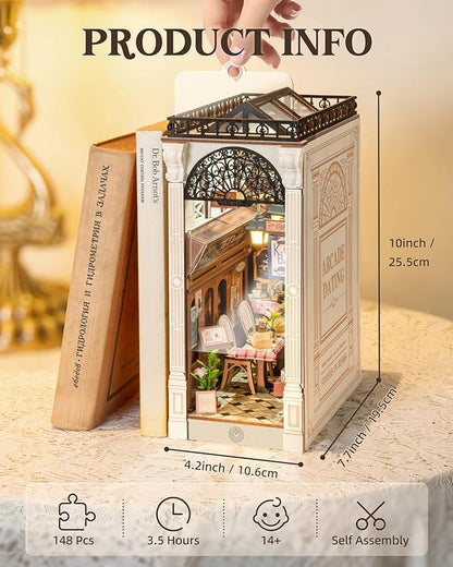 ROBOTIME DIY Book Nook Kits Dollhouse Room Bookstore Miniature House with LED Light 3D Wooden Puzzles for Adults Booknook Bookshelf Insert Decor Diorama Kit Unique Gifts（Arcade Dating）